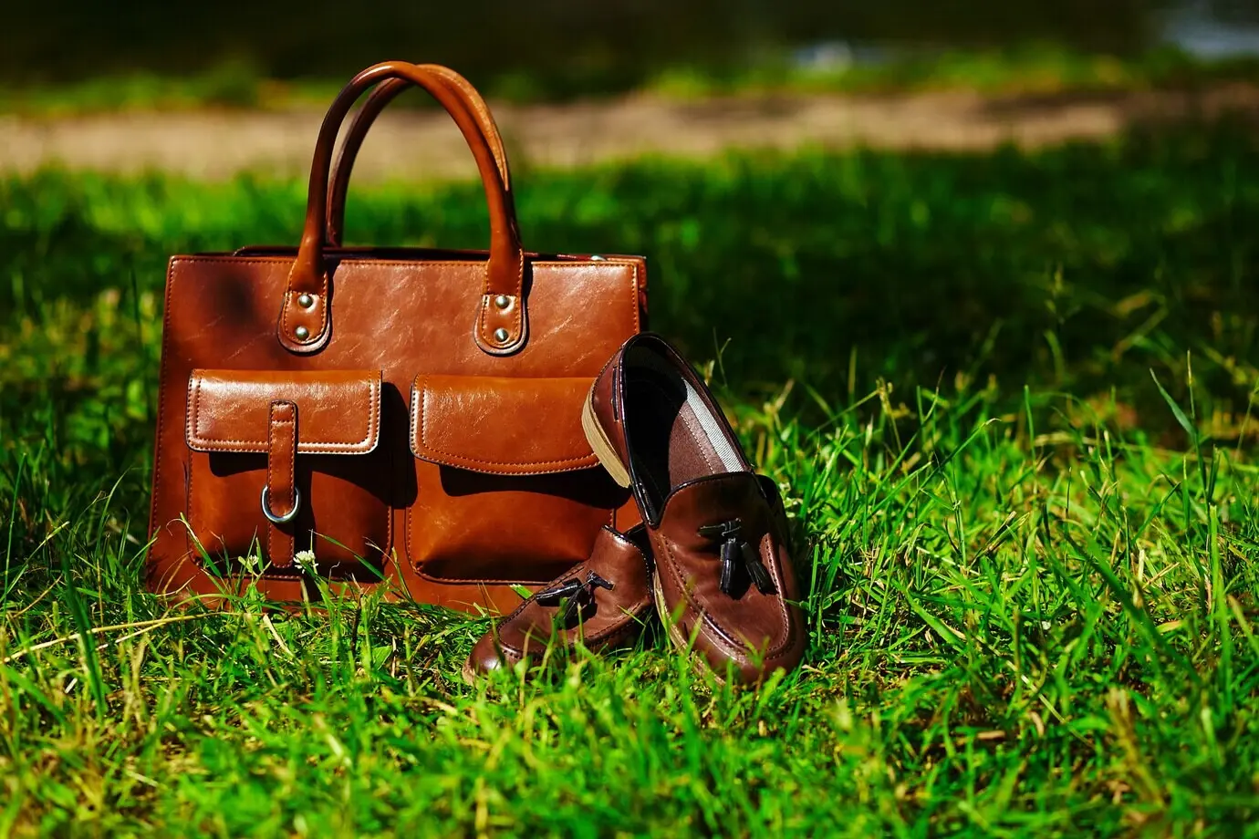 Retro-braune Schuhe und Herren-Ledertasche im leuchtend bunten Sommergras im Park